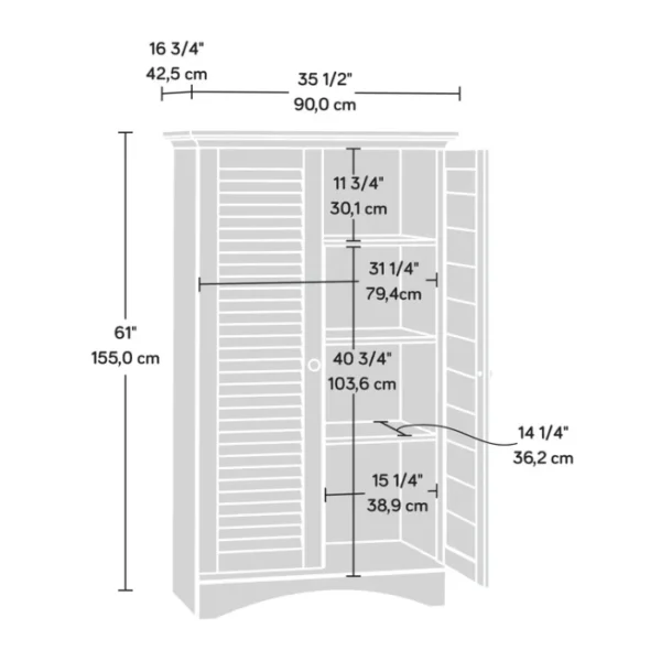 Napoli Shutter Armoire interior dimensions diagram in Antiqued Paint, displaying measurements for shelves, door height, and overall size in inches and centimeters. Napoli Shutter Armoire interior dimensions diagram in Antiqued Paint, displaying measurements for shelves, door height, and overall size in inches and centimeters.