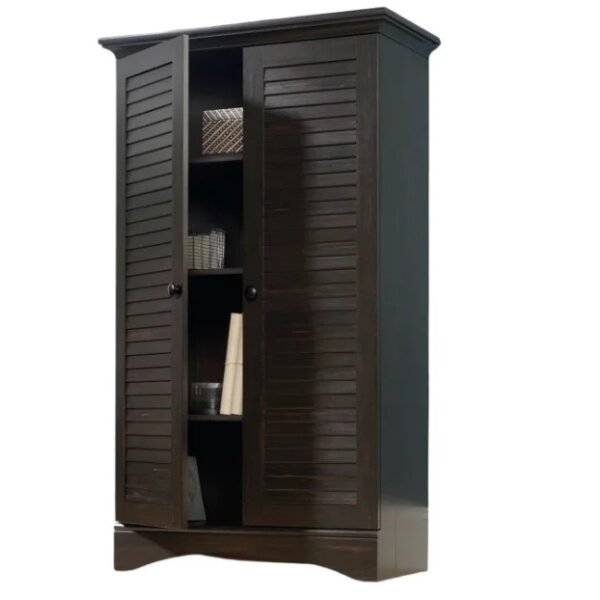 napoli-shutter-wardrobe-antiqued-paint-open-left Napoli Shutter Wardrobe in Antiqued Paint with doors open, left angle, showing shelves