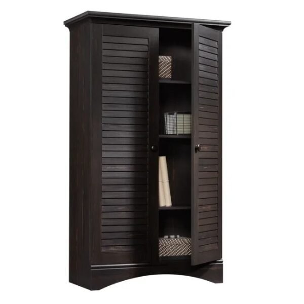 napoli-shutter-wardrobe-antiqued-paint-open-right Napoli Shutter Wardrobe in Antiqued Paint with doors open, right angle, showing shelves