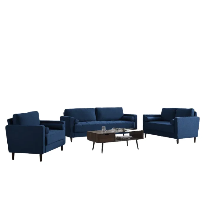 Atlas Sofa Set in Navy Blue Linen, featuring a modern 3-seater, 2-seater, and armchair