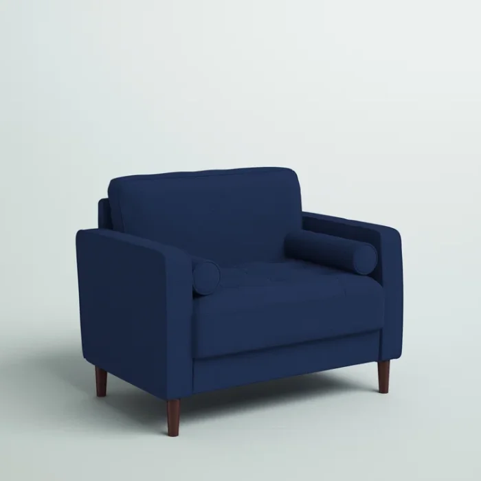 Atlas Sofa Chair in Navy Blue Linen with wooden legs and plush cushions