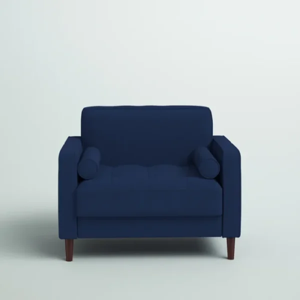 Front view of the Atlas Sofa Chair in Navy Blue Linen with wooden legs and plush cushions Front view of the Atlas Sofa Chair in Navy Blue Linen with wooden legs and plush cushions