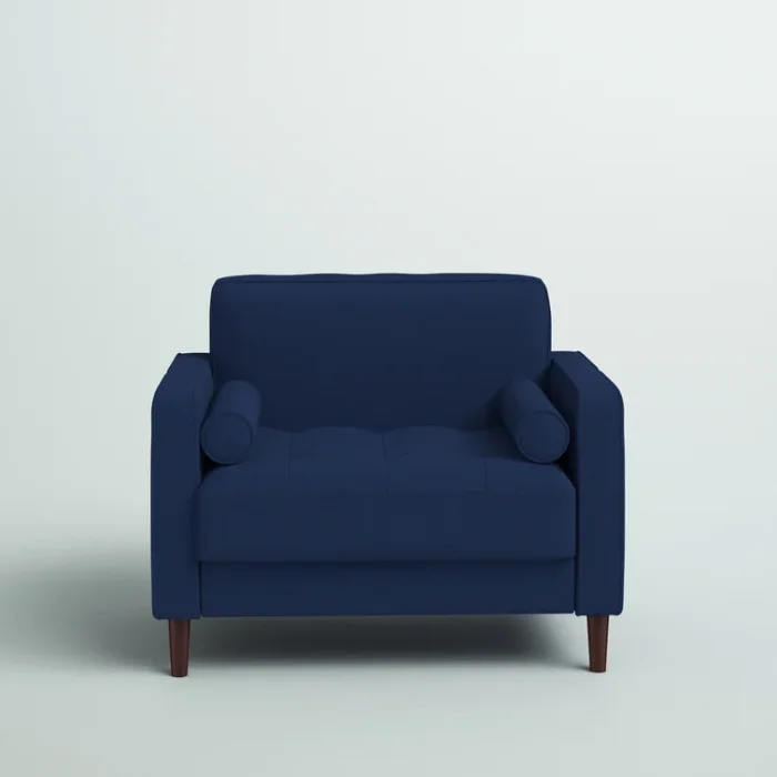 Front view of the Atlas Sofa Chair in Navy Blue Linen with wooden legs and plush cushions