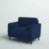 Atlas Sofa Chair in Navy Blue Linen with wooden legs, featuring plush cushions and a modern design