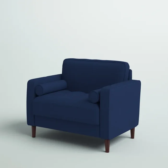 Atlas Sofa Chair in Navy Blue Linen with wooden legs, featuring plush cushions and a modern design