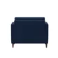 Back view of Atlas Sofa Chair in Navy Blue Linen with wooden legs, showcasing its sturdy and modern design