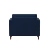 Back view of Atlas Sofa Chair in Navy Blue Linen with wooden legs, showcasing its sturdy and modern design