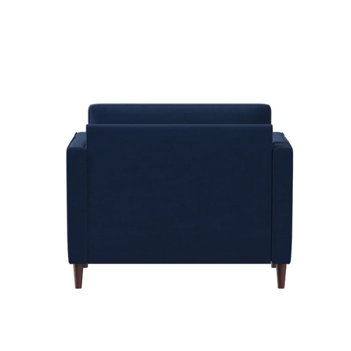 Back view of Atlas Sofa Chair in Navy Blue Linen with wooden legs, showcasing its sturdy and modern design