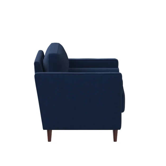 Side view of Atlas Sofa Chair in Navy Blue Linen with wooden legs, showcasing its modern silhouette and plush cushioning