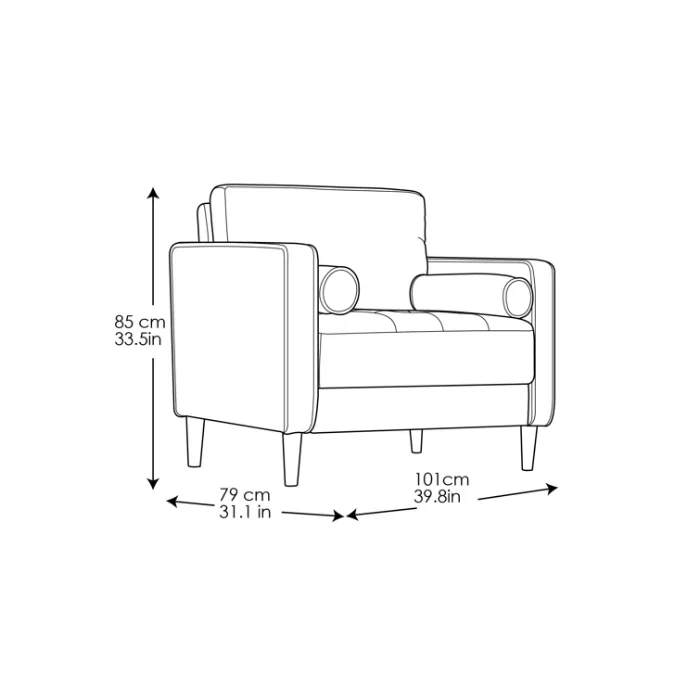 Dimensional sketch of Atlas Sofa Chair in Navy Blue Linen, displaying width, height, and depth measurements for accurate sizing