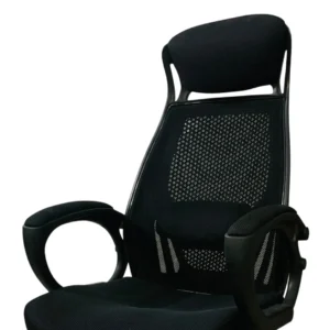 black ergonomic office chair with a high backrest, padded seat, and armrests, mounted on a five-wheel base