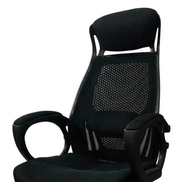 Boss B-543 Office Revolving Chair 2 black ergonomic office chair with a high backrest, padded seat, and armrests, mounted on a five-wheel base