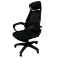 black ergonomic office chair with a high backrest, padded seat, and armrests, mounted on a five-wheel base