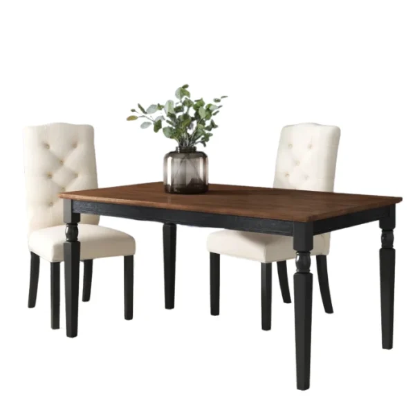 Lancaster 60-inch dining table with a solid wood brown top, black base, turned legs, and two upholstered chairs Lancaster 60-inch dining table with a solid wood brown top, black base, turned legs, and two upholstered chairs