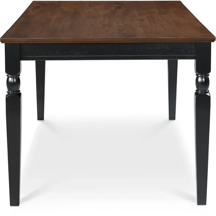 Lancaster 60-inch dining table with a rich brown wooden top, black solid wood base, and elegant turned legs.