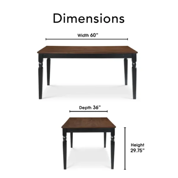 Lancaster 60-inch dining table dimensions: 60 inches width, 36 inches depth, and 29.75 inches height, featuring a brown wood top and black base. Lancaster 60-inch dining table dimensions: 60 inches width, 36 inches depth, and 29.75 inches height, featuring a brown wood top and black base.