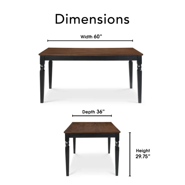 Lancaster 60-inch dining table dimensions: 60 inches width, 36 inches depth, and 29.75 inches height, featuring a brown wood top and black base.