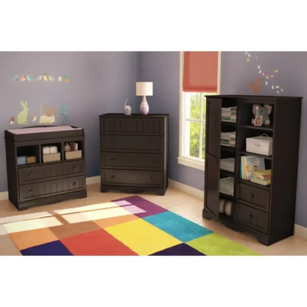 Minora Baby Wardrobe in Espresso Finish with Open and Closed Storage in a Nursery Room Minora Baby Wardrobe in Espresso Finish with Open and Closed Storage in a Nursery Room