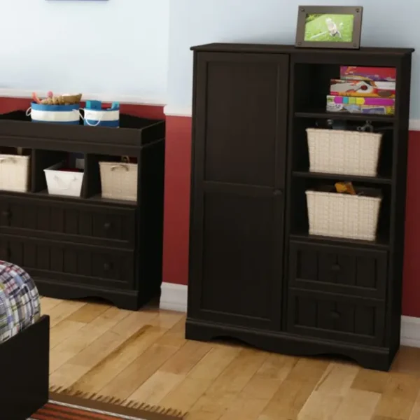 Minora Baby Wardrobe in Espresso Finish with Open Shelves and Storage Drawers Minora Baby Wardrobe in Espresso Finish with Open Shelves and Storage Drawers