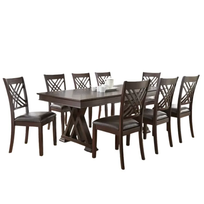 Regent Cross Dining Set – 8-Piece Wooden Dining Table with 8 Faux Leather Chairs in Brown