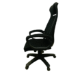 black ergonomic office chair with a high backrest, padded seat, and armrests, mounted on a five-wheel base