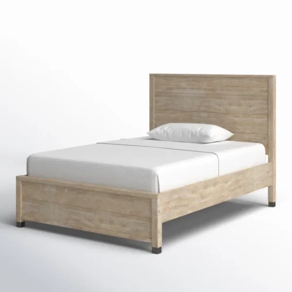 Single Bed Barnwood 3 A single barnwood bed featuring a rustic wooden frame with a simple, elegant headboard, paired with a white mattress and pillows for a cozy, minimalistic look