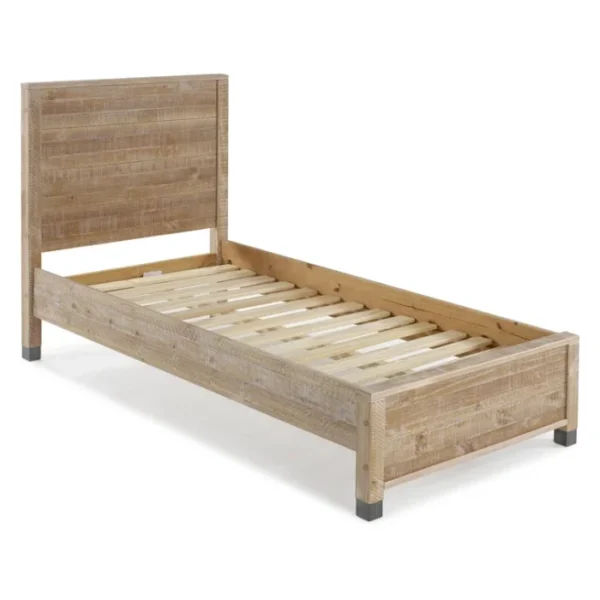 Single Bed Barnwood 4 A rustic single bed made from barnwood with a slatted wooden base, featuring a simple headboard design for a minimalist and natural look