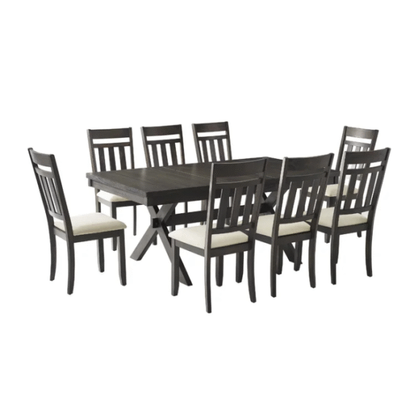 Trement Dining Set - Wooden 9-Piece Table & Chairs with Upholstered Seats