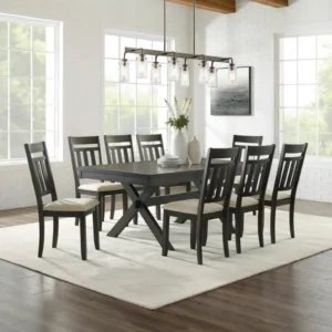 Trement Dining Set - Wooden 9-Piece Table & Chairs with Upholstered Seats