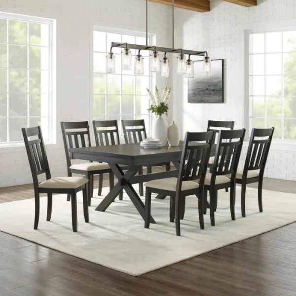 Trement Dining Set - Wooden 9-Piece Table & Chairs with Upholstered Seats