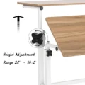 Adjustable height mechanism of an oak wood bed table with a white frame, featuring a rotating knob for easy height adjustment between 28" to 34.5
