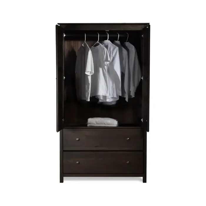 Branford Armoire – Solid Wood Wardrobe with Open Doors, Hanging Rod, and Two Drawers in a Dark Finish.