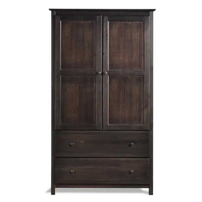 Branford Armoire in dark wood finish with two paneled doors and two spacious drawers.