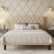 Beige Upholstered Double Bed with Tufted Headboard, Neutral Bedding, and Modern Nightstands