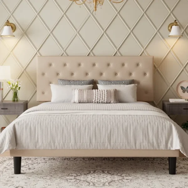 Beige Upholstered Double Bed with Tufted Headboard, Neutral Bedding, and Modern Nightstands