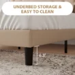 Close-up of Beige Upholstered Bed with 6.3-inch Black Legs, Highlighting Underbed Storage and Easy-to-Clean Features