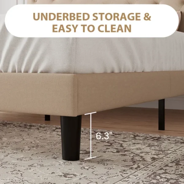 Double Bed Beige 4 Close-up of Beige Upholstered Bed with 6.3-inch Black Legs, Highlighting Underbed Storage and Easy-to-Clean Features