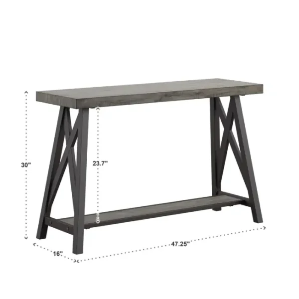 ForgeLine Console Table in Gray with dimensions labeled—47.25" W x 16" D x 30" H—featuring a sturdy trestle base and lower shelf for added storage. ForgeLine Console Table in Gray with dimensions labeled—47.25" W x 16" D x 30" H—featuring a sturdy trestle base and lower shelf for added storage.