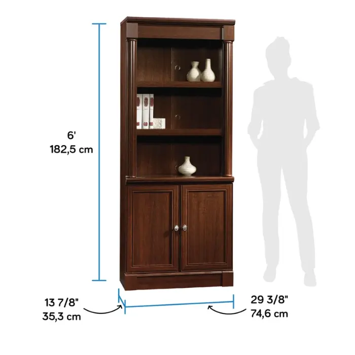 Montclair Bookcase Cherry with dimensions labeled.