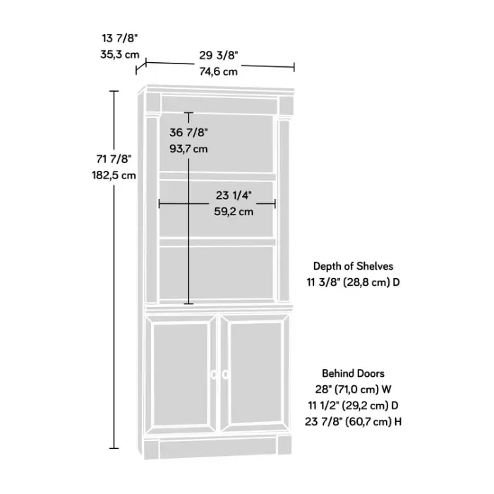 Montclair Bookcase Cherry with detailed dimensions diagram.