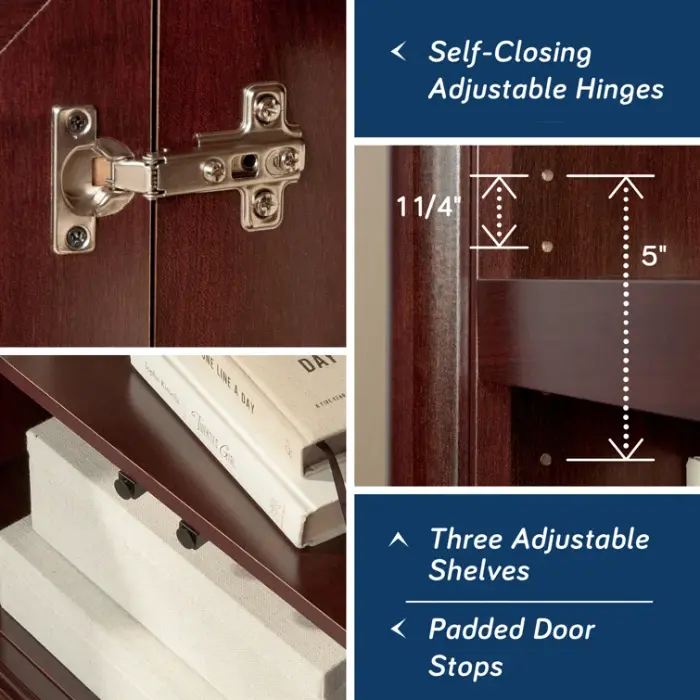 Montclair Bookcase Cherry with adjustable shelves and self-closing hinges.