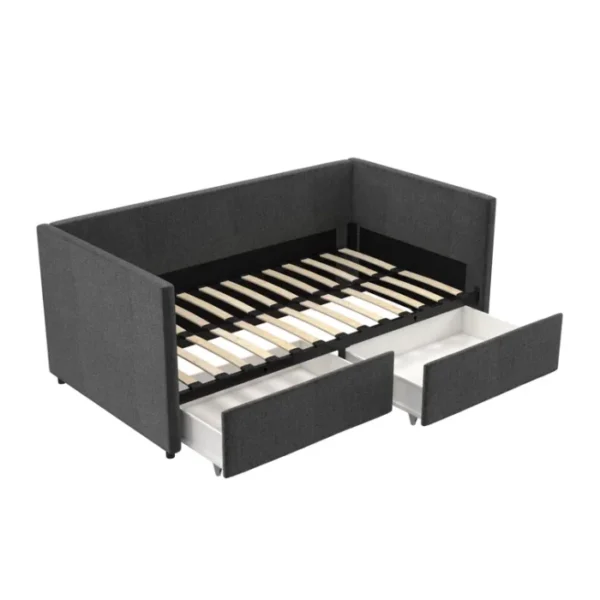 Gray Nestora Daybed with wooden slats and two pull-out storage drawers, showcasing its sturdy and functional design. Gray Nestora Daybed with wooden slats and two pull-out storage drawers, showcasing its sturdy and functional design.