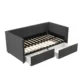 Gray Nestora Daybed with wooden slats and two pull-out storage drawers, showcasing its sturdy and functional design.