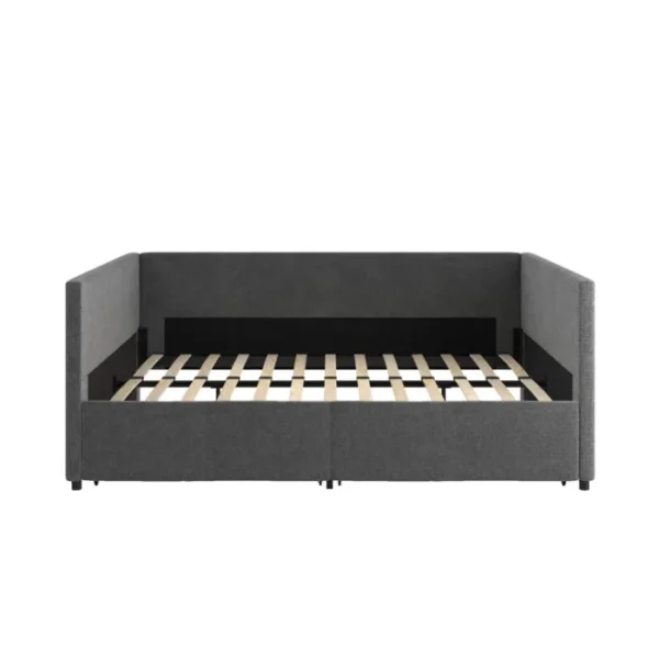 Gray Nestora Daybed frame with sturdy wooden slats, offering a stylish and supportive base for a comfortable sleeping area. Gray Nestora Daybed frame with sturdy wooden slats, offering a stylish and supportive base for a comfortable sleeping area.