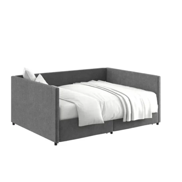 Gray Nestora Daybed with plush bedding, offering a modern and stylish sleeping solution with a comfortable upholstered frame Gray Nestora Daybed with plush bedding, offering a modern and stylish sleeping solution with a comfortable upholstered frame