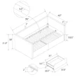 Nestora Daybed detailed technical dimensions diagram, showcasing measurements for frame, drawers, and slat spacing.