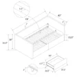 Nestora Daybed detailed technical dimensions diagram, showcasing measurements for frame, drawers, and slat spacing.