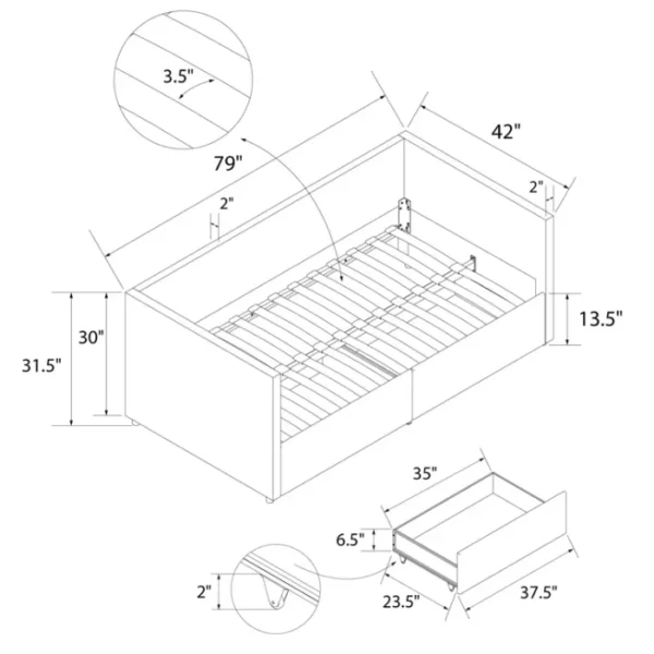 Nestora Daybed detailed technical dimensions diagram, showcasing measurements for frame, drawers, and slat spacing. Nestora Daybed detailed technical dimensions diagram, showcasing measurements for frame, drawers, and slat spacing.
