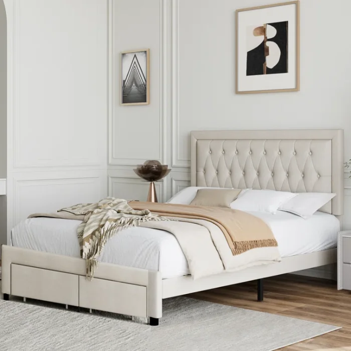 Sable Storage Bed in Light Beige – Elegant Upholstered Bed with Drawers