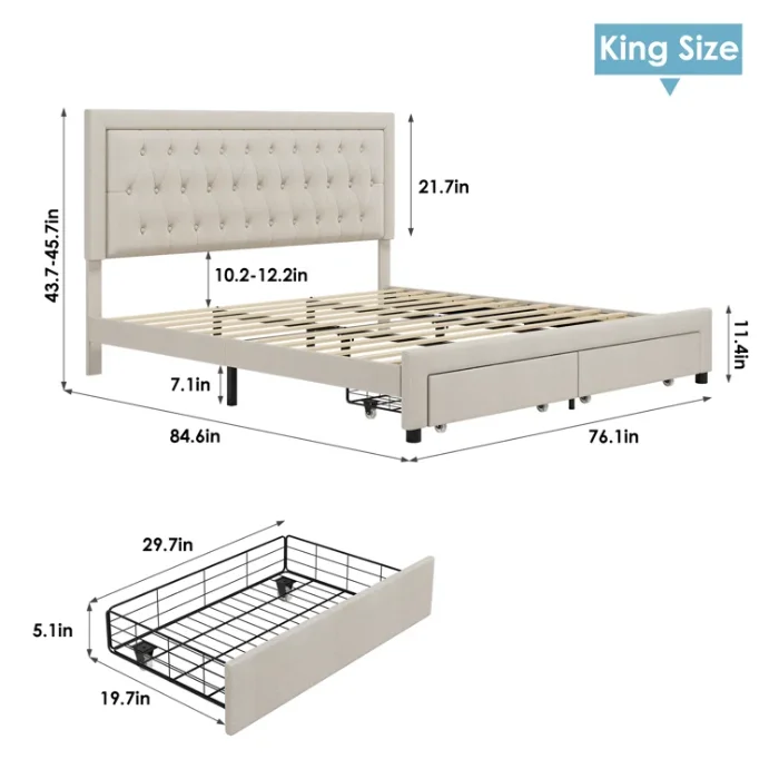 King Size Sable Storage Bed – Light Beige Upholstered Bed with Drawers and Dimensions